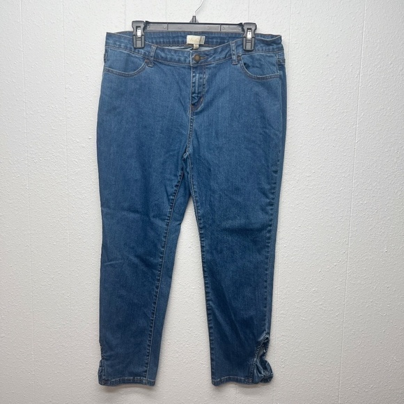ModCloth Dark Wash Ankle Length High Rise Stretch Jeans Womens Sz XL Bow Accent - Picture 1 of 12